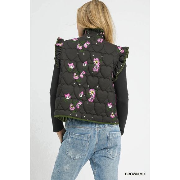Umgee Ruffled Sleeves Floral Print Snap Button Down Quilted Vest Jacket | Brown - Picture 2 of 6